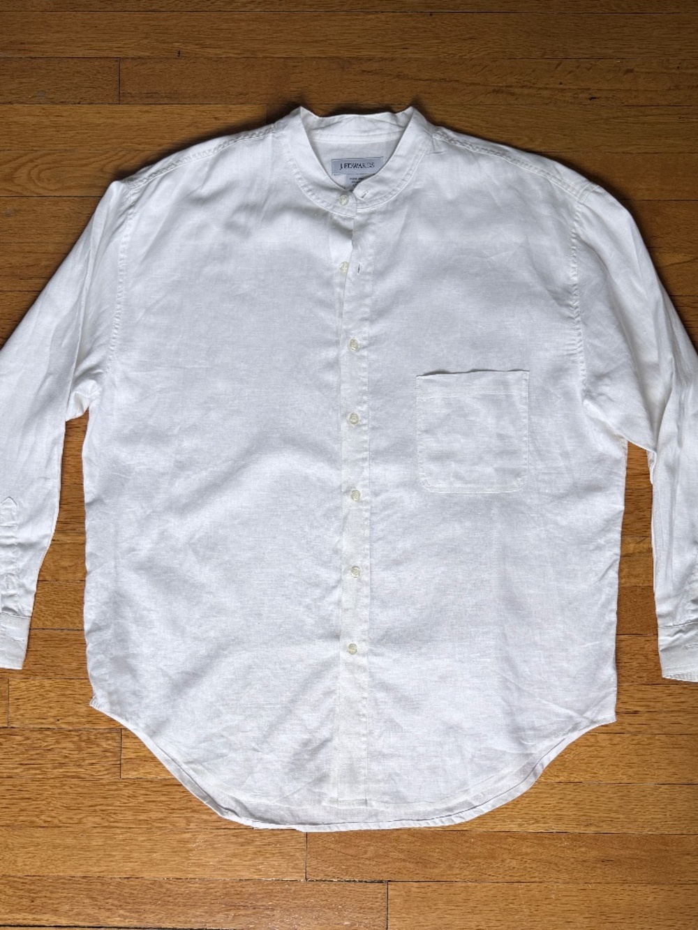 100% Linen White Collarless Button Down Shirt XL Unisex
